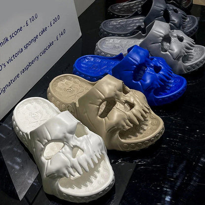 Spooky skull-printed slide sandals in various colors and sizes