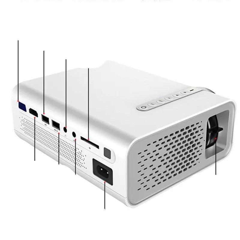 Black and white versions of the YG530 mini wireless mobile phone projector on a table.