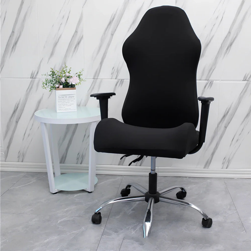 Stretch fabric gaming chair cover in navy blue colour on swivel chair