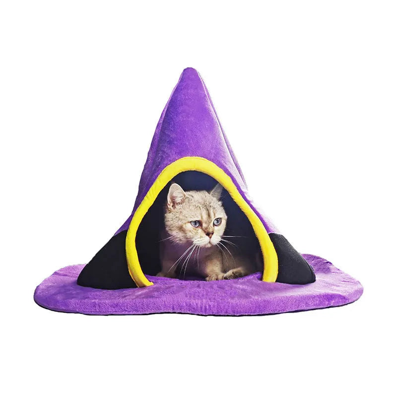 Purple witch hat-shaped cat nest measuring 60x45cm, made of soft cloth for pet comfort