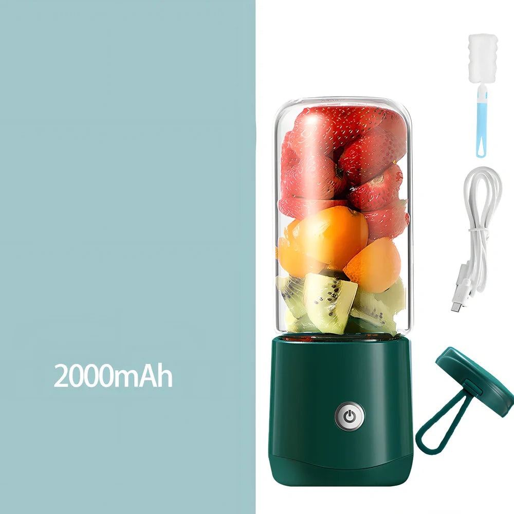 Mini electric portable juice machine with USB cable and six-blade stainless steel design in dark green colour