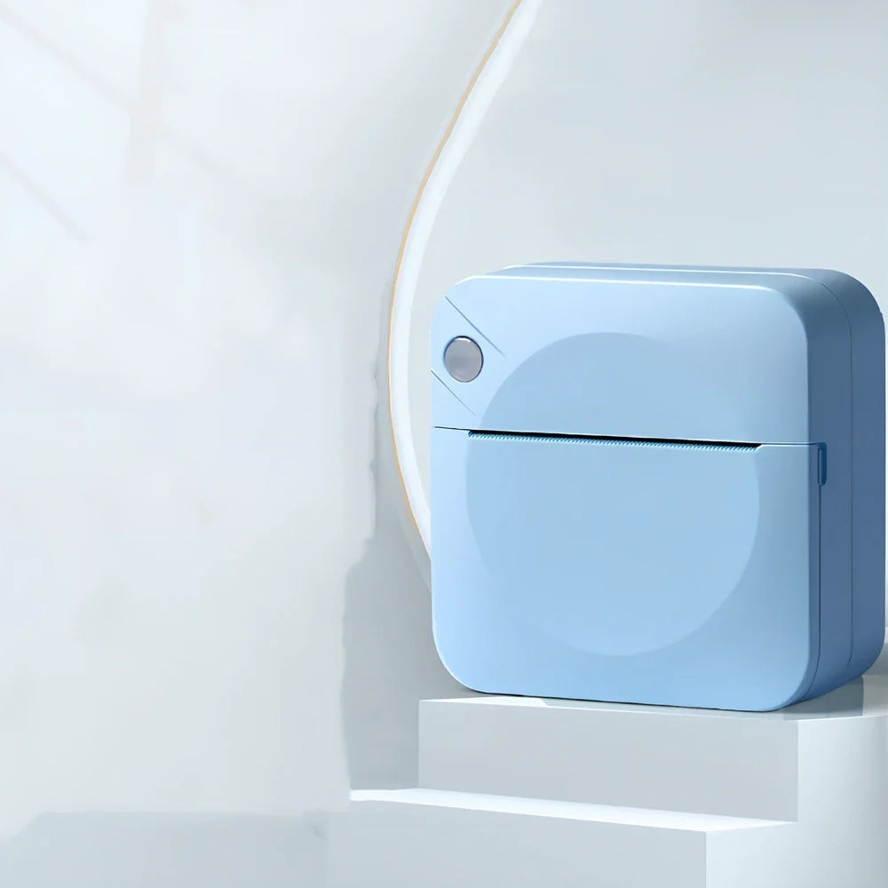 Blue mini thermal printer measuring 80x80x35mm with Bluetooth connectivity for student study organisation