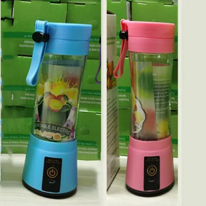 Portable USB rechargeable blender with pink colour option showing cup and six-blade design