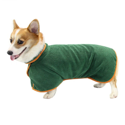 Absorbent dog bathrobe made of soft microfiber material with adjustable waist strap for a custom fit