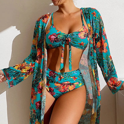 Women's plus size long blouse split bikini suit in quick-dry polyester