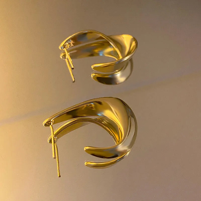 Metal twisted design sense earrings for women in gold or silver colour, featuring contemporary geometry shapes and circular elements with an electroplated finish for everyday wear or special occasions