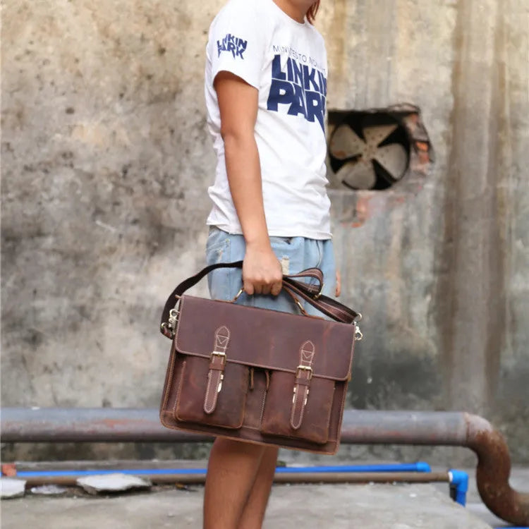 Yellow-brown genuine Crazy Horse leather mens messenger bag with shoulder strap and nylon lining
