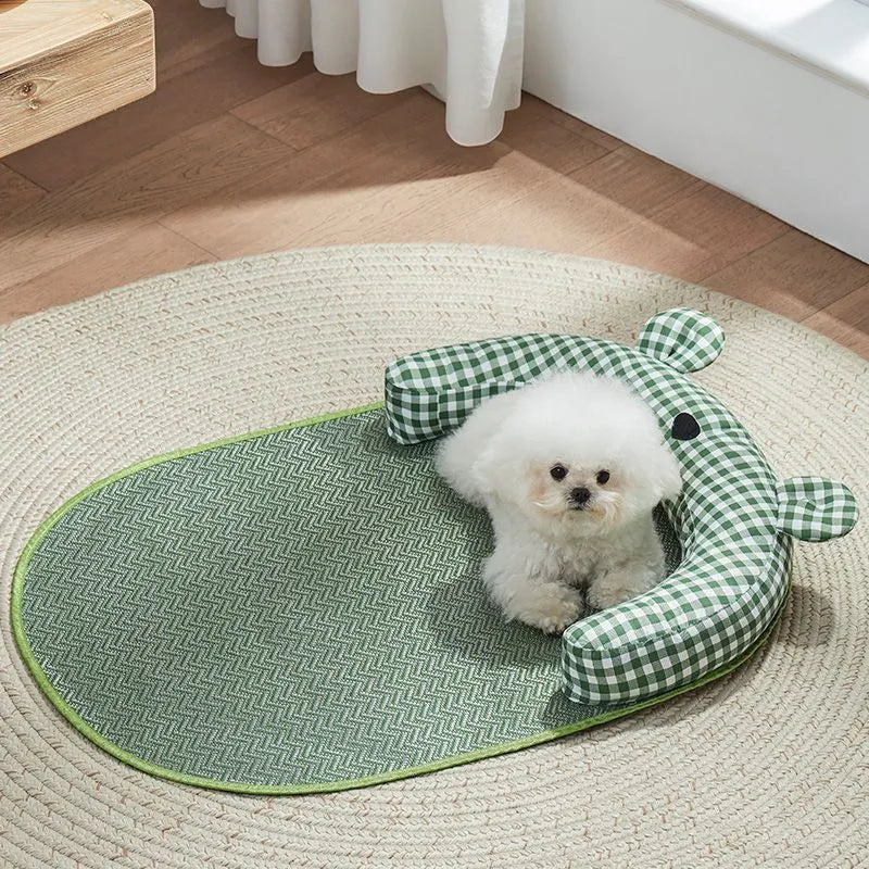Green and yellow four seasons universal pet mat with cooling pad in four sizes for small to extra large dogs and cats.