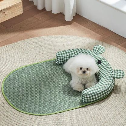 Green and yellow four seasons universal pet mat with cooling pad in four sizes for small to extra large dogs and cats.