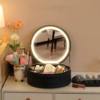 Round black LED light makeup bag with built-in mirror, carry strap, and open compartment showing internal partitions.