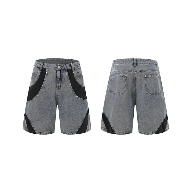Retro washed denim jeans suit with short sleeves, available in black or blue, sizes M to XXXL, for summer street wear.