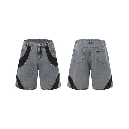 Retro washed denim jeans suit with short sleeves, available in black or blue, sizes M to XXXL, for summer street wear.