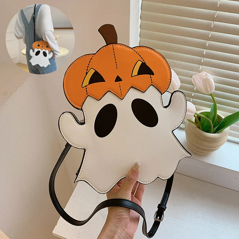Halloween shoulder bag with 3D pumpkin ghost design in white