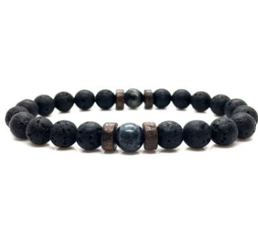 Stylish men's bracelet made with natural volcanic stone, flash stone, and wood chip in a geometric, mosaic-like design