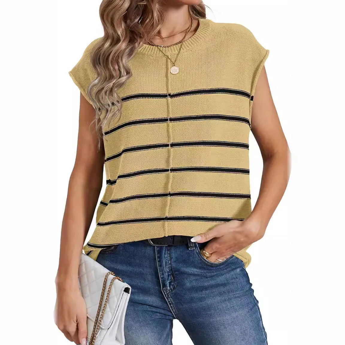 Women's striped sleeveless pullover top with bone stitching details in acrylic fabric, showing colour options and fit