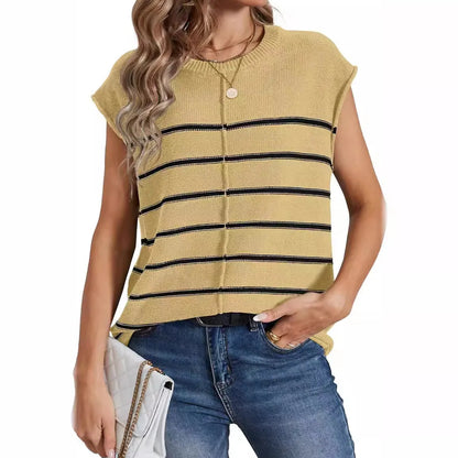 Women's striped sleeveless pullover top with bone stitching details in acrylic fabric, showing colour options and fit