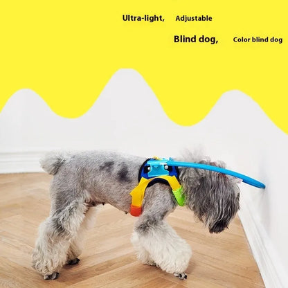 Blue adjustable anti-collision safety ring for dogs, shown on a neck model.