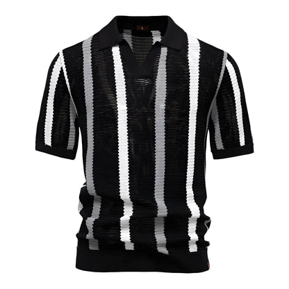 Men's breathable hollow fabric short-sleeved polo shirt with stripes in light blue colour.