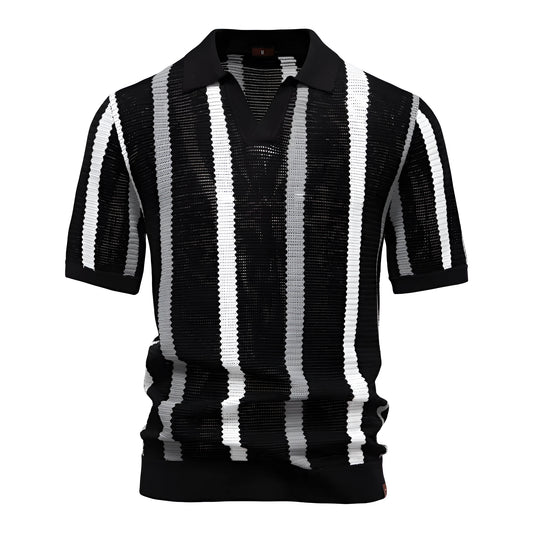Men's breathable hollow fabric short-sleeved polo shirt with stripes in light blue colour.