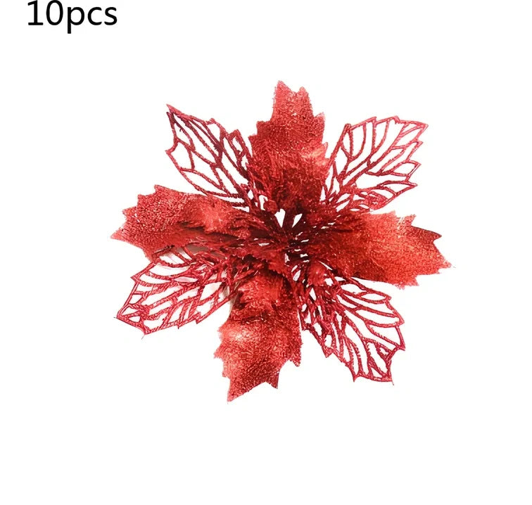 Glitter artificial Christmas flowers measuring 11cm with sparkling coating in various colour options