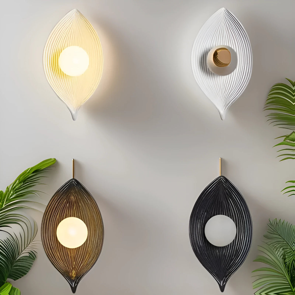 Nordic leaf wall lamp with resin boat-shaped shade in black, white or wood colour Type A, 110-220V warm light