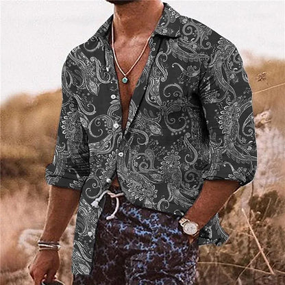 Men's loose fit polyester shirt with floral 3D pattern in bohemian style for business casual wear