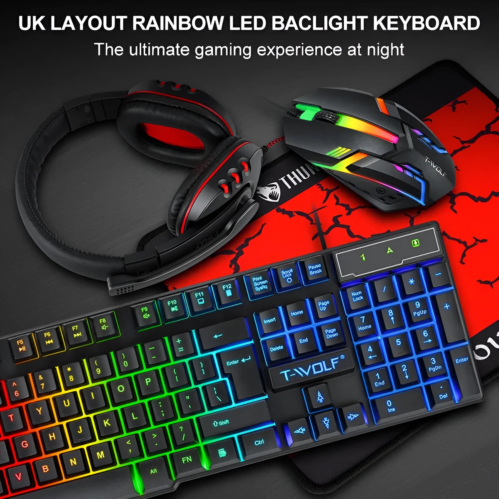 Thunder Wolf wired gaming keyboard and mouse set with luminous effects including headset and mouse pad