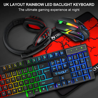 Thunder Wolf wired gaming keyboard and mouse set with luminous effects including headset and mouse pad