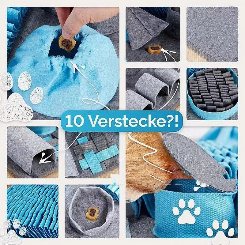 Felt and webbing pet sniffing pad with tunnel maze layout in Smell Pad colour for dog scent training