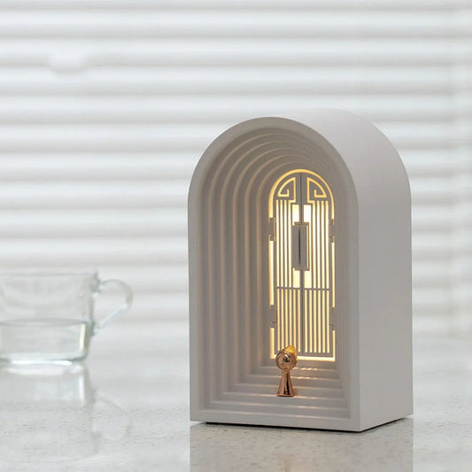 Nordic LED table lamp in grey with Bluetooth speaker, dimmable warm white light, 124x90x205mm dimensions