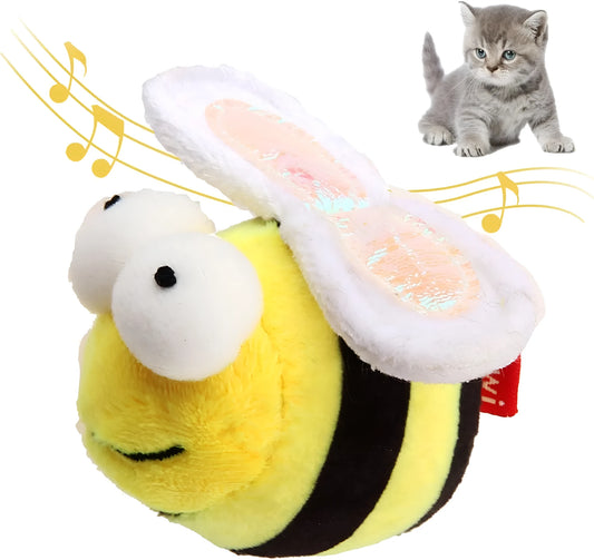 Yellow bee-shaped cat toy with flannelette fabric, motion-activated squeaking sound mechanism for interactive play