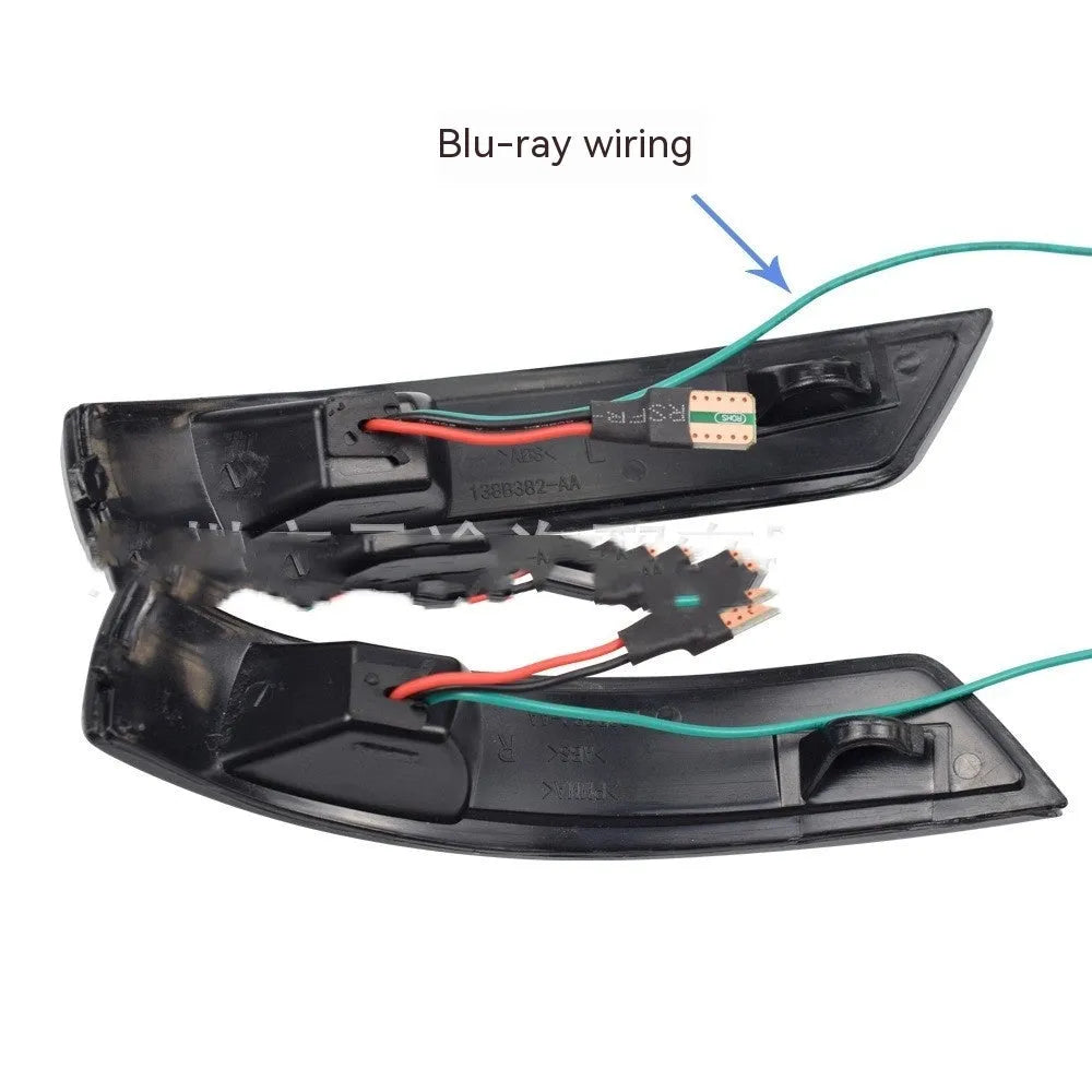 A pair of ABS rearview mirror waterfall lights for Ford Focus and Mondeo, showing blue and yellow two-tone LED option.