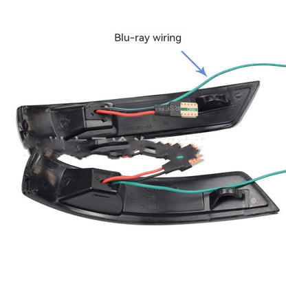 A pair of ABS rearview mirror waterfall lights for Ford Focus and Mondeo, showing blue and yellow two-tone LED option.