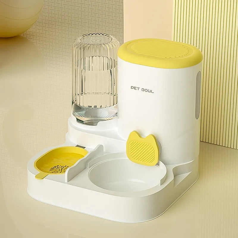 Automatic cat feeding water fountain with integrated double bowl in avocado green colour, dimensions 27x27x24cm