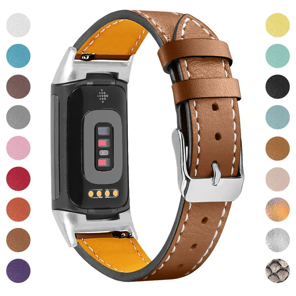 Genuine leather strap for Fitbit charge5 and charge6 in selected colour with adjustable buckle showing 5.5-8.1 inch length