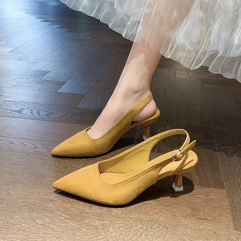 Apricot suede women's pointed-toe stiletto high heels on a plain background.
