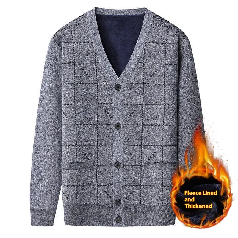 A plus size men's grey cardigan with batwing sleeves and a fleece lining, shown on a hanger.