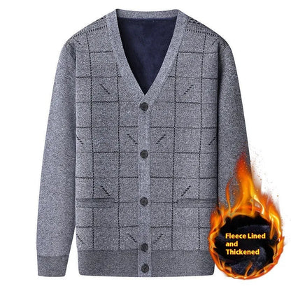 A plus size men's grey cardigan with batwing sleeves and a fleece lining, shown on a hanger.