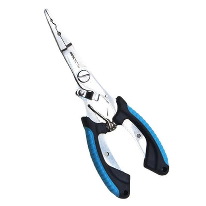 PE39 multifunctional fishing pliers with medium straight mouth and hook, showing colour handle options
