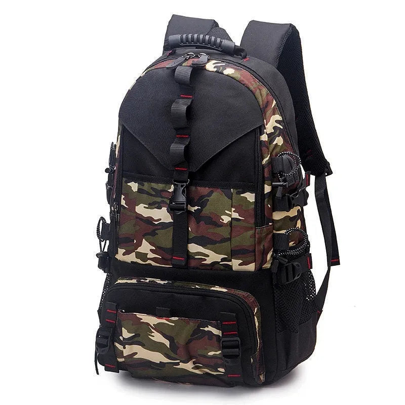 Men's black waterproof Oxford cloth hiking backpack with air pillow shoulder straps showing 56-75L capacity
