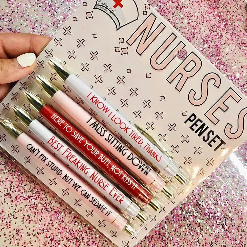 Five nurse cartoon theme retractable ballpoint pens in plastic construction