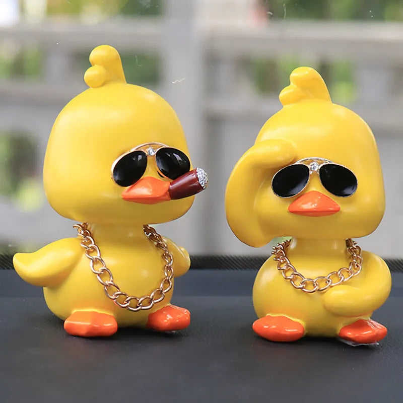 Little Yellow Duck Car Interior Ornament Resin Cartoon Dashboard Decoration with Gold Glasses and Gold Necklace, Social Duck Waving or Standing, Single or Combination Set