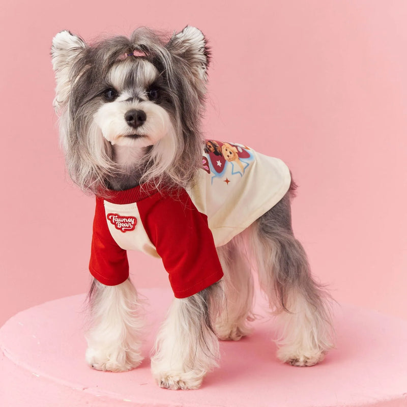 Dog summer clothes in cotton fabric with contrasting colour panels for warm weather comfort, available in embroidered red or pink colours with size options from XS to XXL for small to large dog breeds.