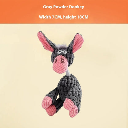 Bite-resistant puppy plush toy with relieving molar design in multiple animal styles including donkey and duck variations