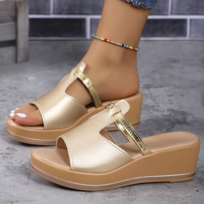 Women's summer peep-toe wedges sandals with thick sole in white, black, and champagne
