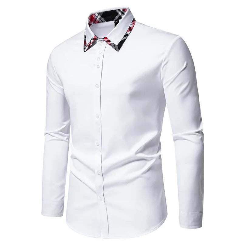 Men's plaid long sleeve shirt with triangle collar in blue, black, or white, showing contrast colour details and casual style.