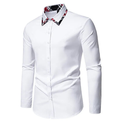 Men's plaid long sleeve shirt with triangle collar in blue, black, or white, showing contrast colour details and casual style.