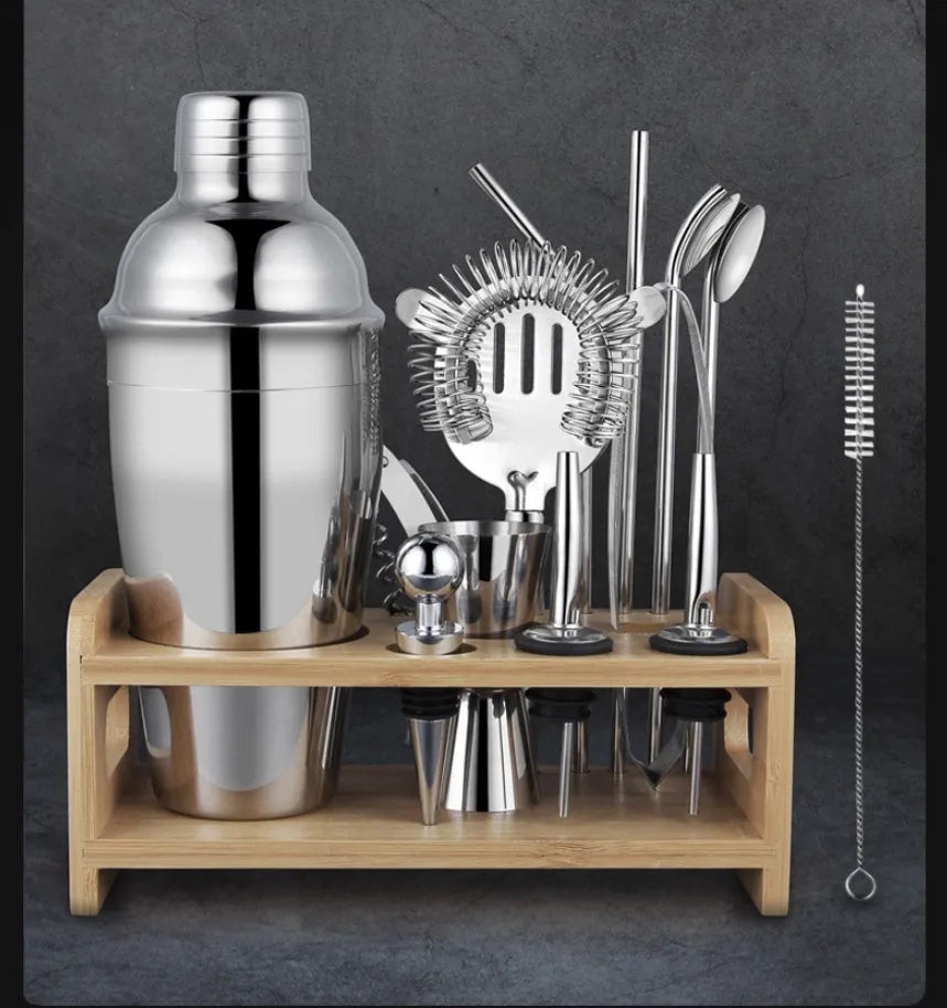 23-piece stainless steel cocktail set with shaker, jigger, strainer, and tools for home bar mixing