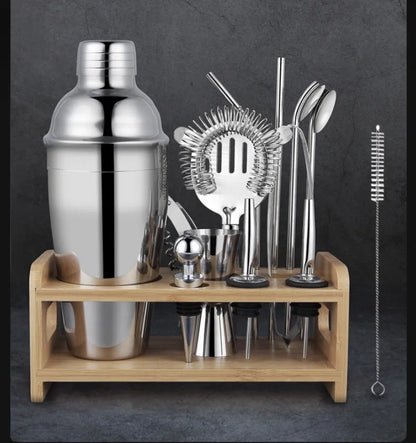 23-piece stainless steel cocktail set with shaker, jigger, strainer, and tools for home bar mixing
