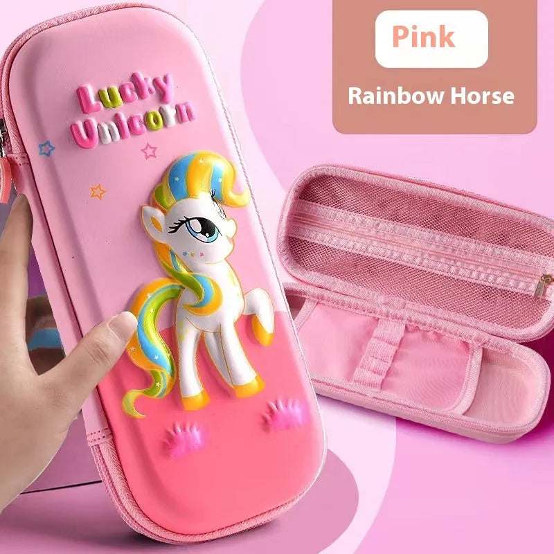 Leather 3D pencil case showing design themes: dinosaur, astronaut, mermaid, unicorn, and spaceship.